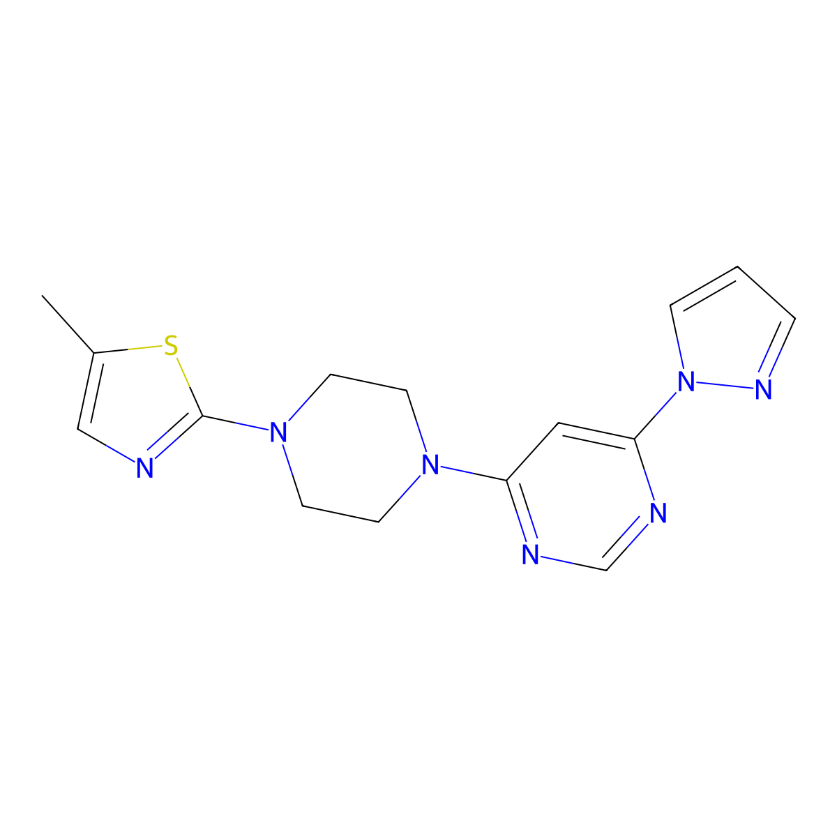 4-[4-(5-methyl-1,3-thiazol-2-yl)piperazin-1-yl]-6-(1H-pyrazol-1-yl)pyrimidine molecular structure, CAS 2877655-71-3