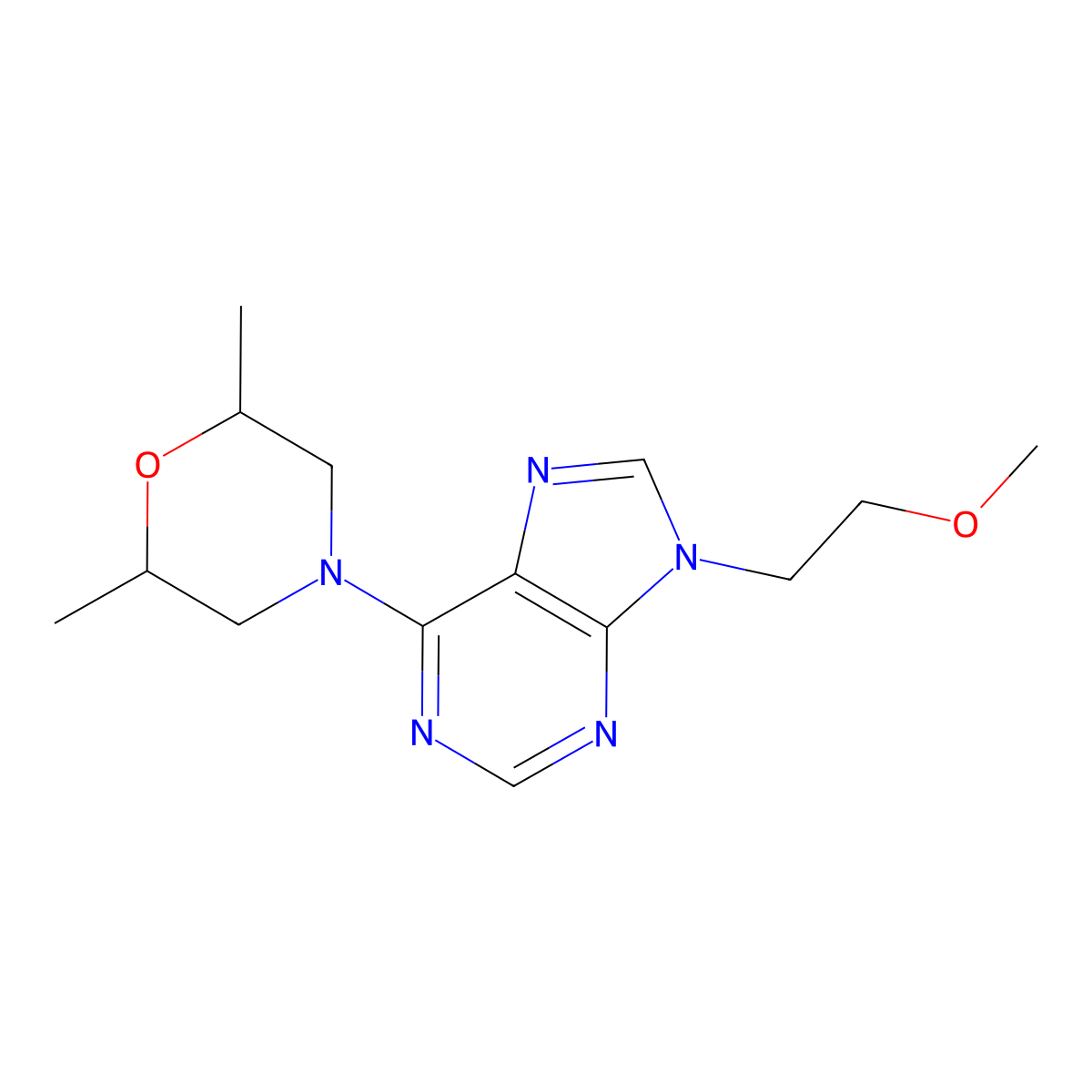 6-(2,6-dimethylmorpholin-4-yl)-9-(2-methoxyethyl)-9H-purine molecular structure, CAS 2877655-81-5