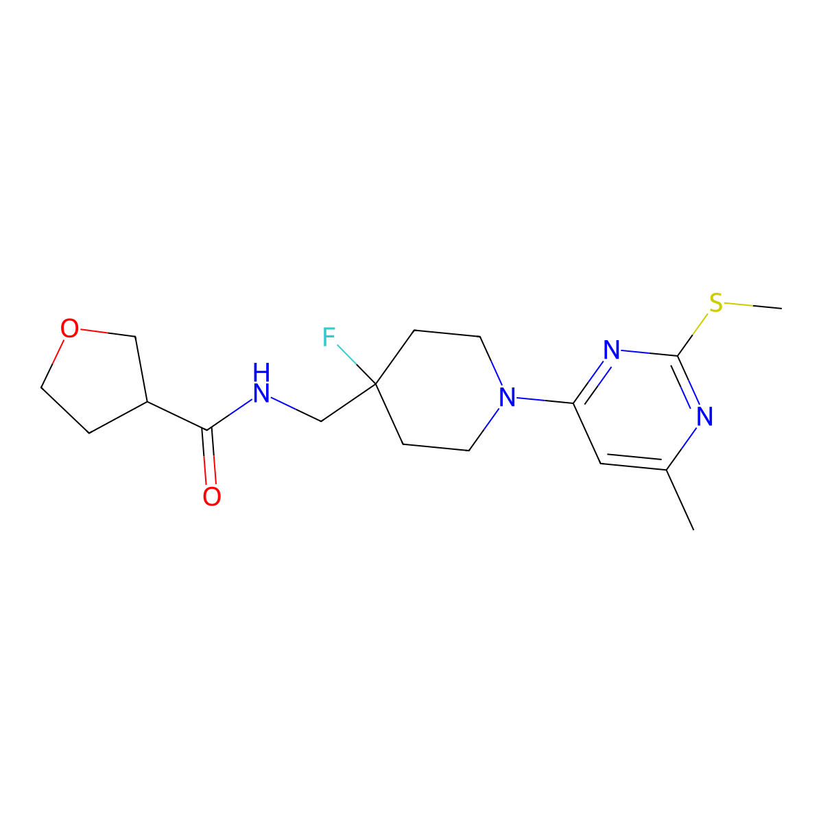 N-({4-fluoro-1-[6-methyl-2-(methylsulfanyl)pyrimidin-4-yl]piperidin-4-yl}methyl)oxolane-3-carboxamide molecular structure, CAS 2877655-94-0