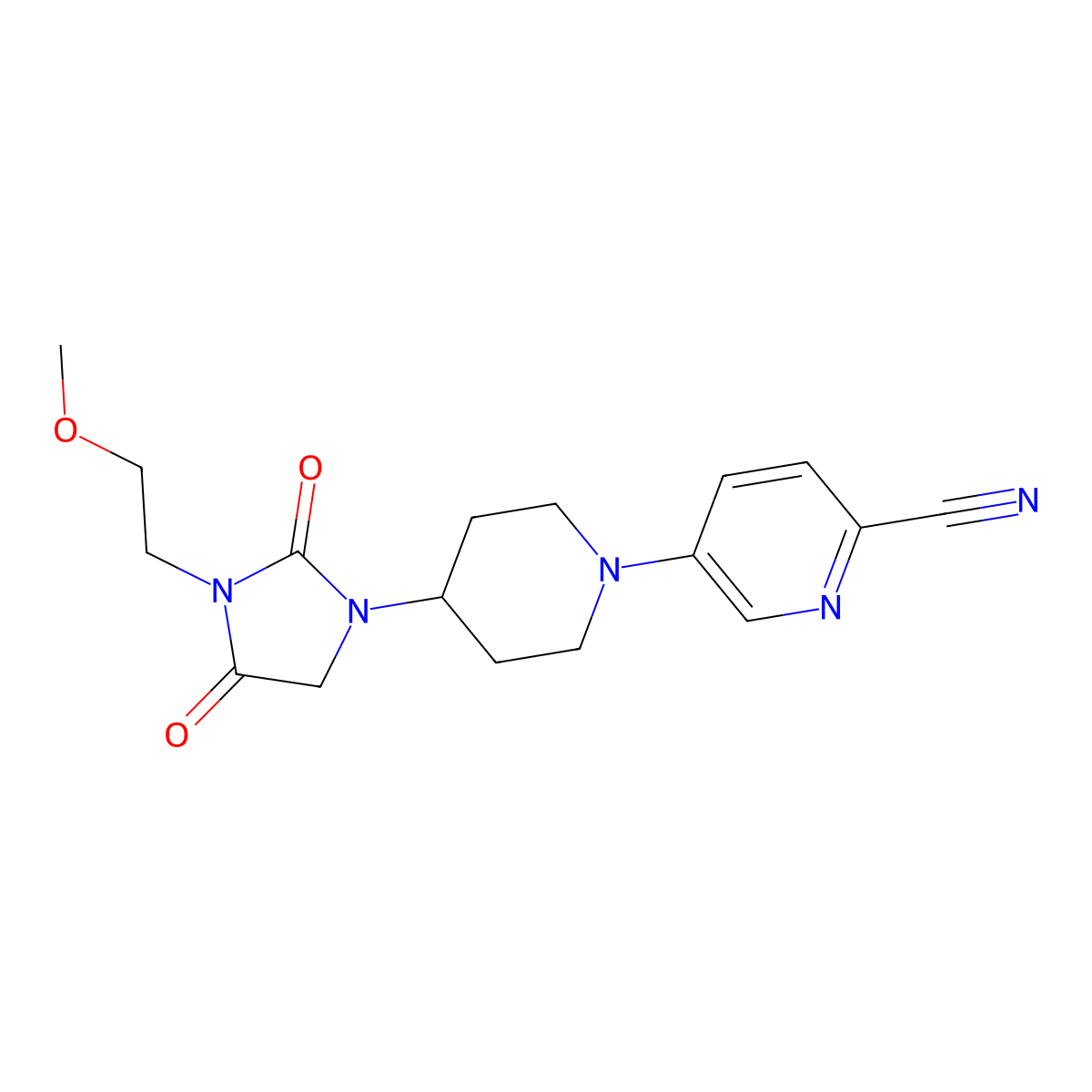 5-{4-[3-(2-Methoxyethyl)-2,4-dioxoimidazolidin-1-yl]piperidin-1-yl}pyridine-2-carbonitrile molecular structure, CAS 2877656-10-3