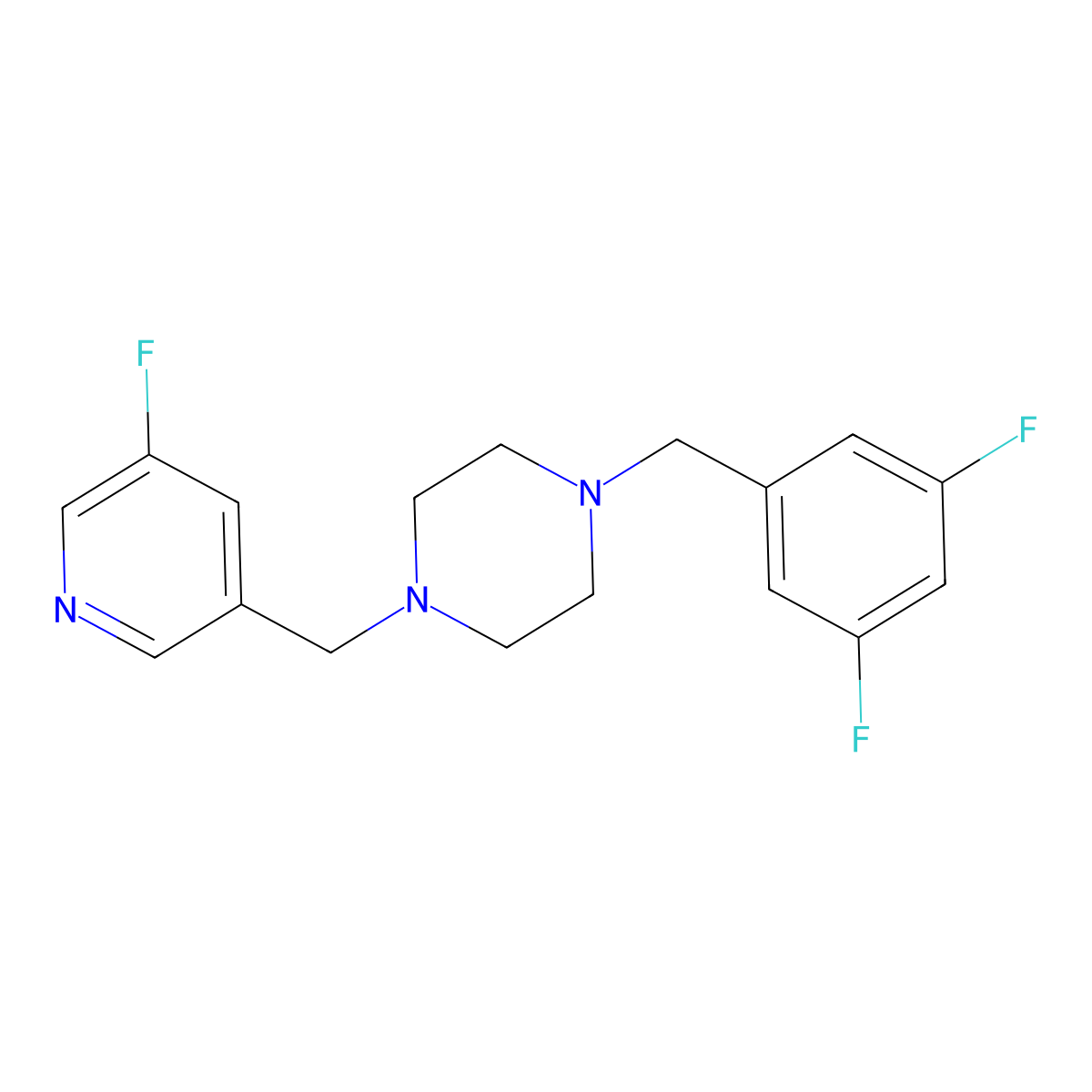 1-[(3,5-Difluorophenyl)methyl]-4-[(5-fluoropyridin-3-yl)methyl]piperazine molecular structure, CAS 2877656-12-5