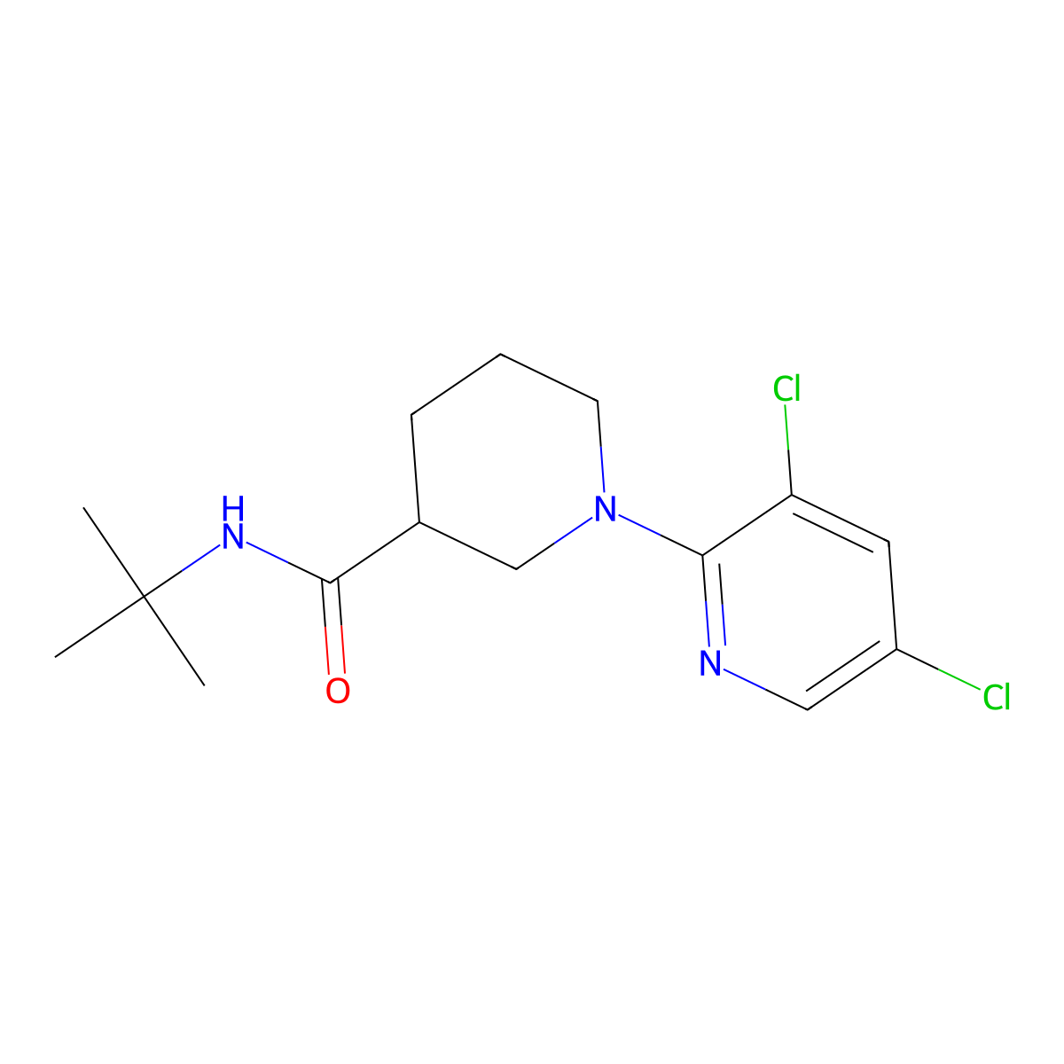 N-tert-butyl-1-(3,5-dichloropyridin-2-yl)piperidine-3-carboxamide molecular structure, CAS 2877656-22-7