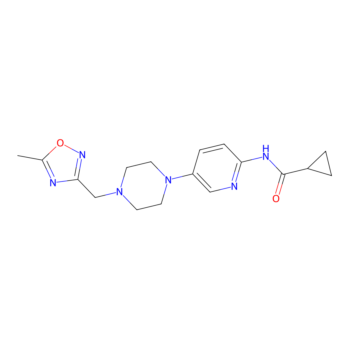 N-(5-{4-[(5-methyl-1,2,4-oxadiazol-3-yl)methyl]piperazin-1-yl}pyridin-2-yl)cyclopropanecarboxamide molecular structure, CAS 2877656-26-1