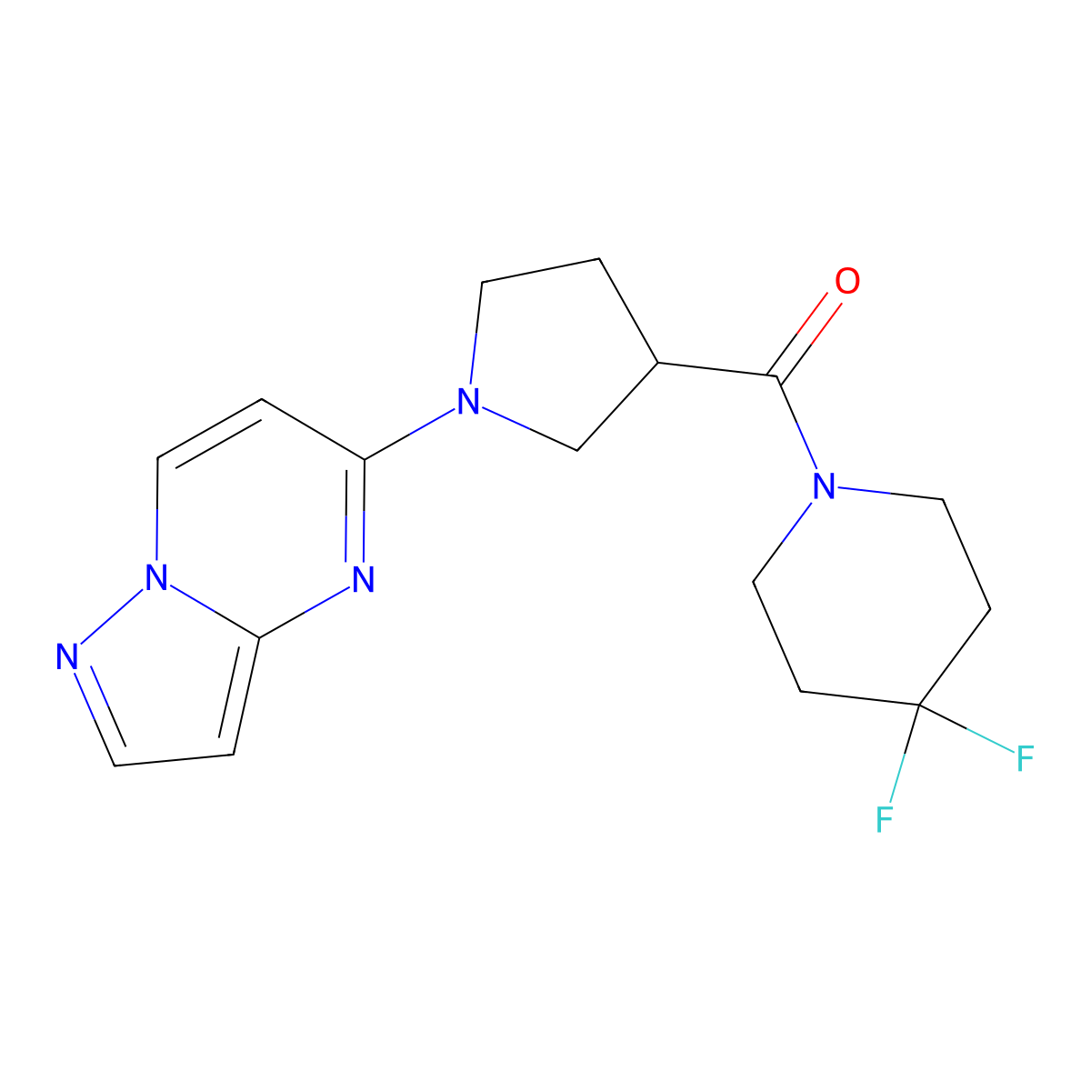 4,4-Difluoro-1-(1-{pyrazolo[1,5-a]pyrimidin-5-yl}pyrrolidine-3-carbonyl)piperidine molecular structure, CAS 2877656-28-3