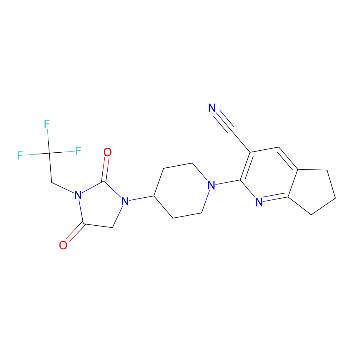 2-{4-[2,4-dioxo-3-(2,2,2-trifluoroethyl)imidazolidin-1-yl]piperidin-1-yl}-5H,6H,7H-cyclopenta[b]pyridine-3-carbonitrile molecular structure, CAS 2877656-34-1