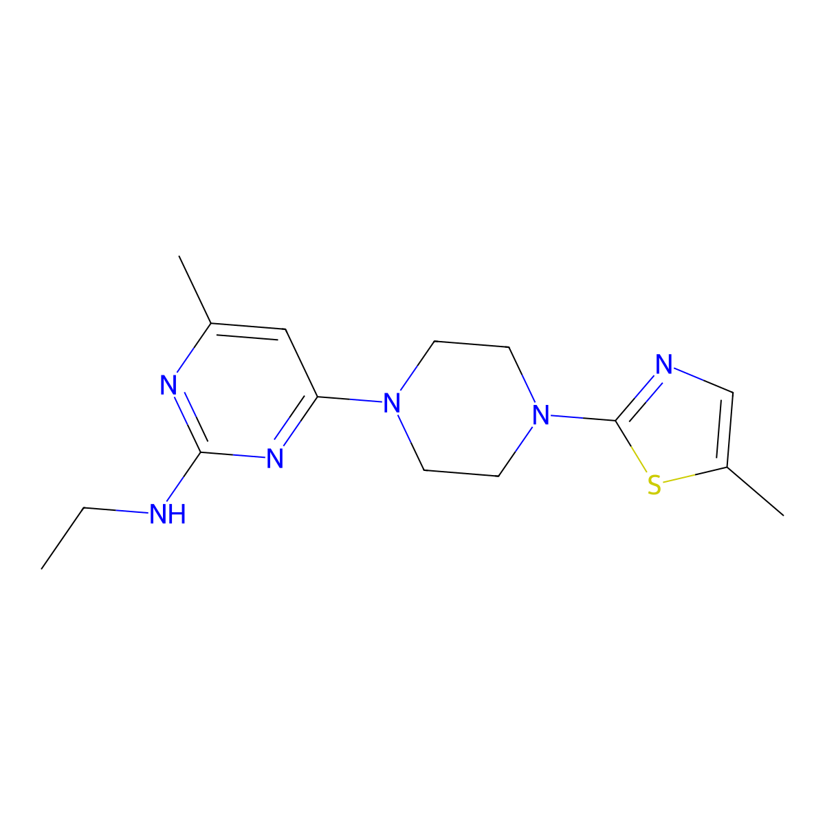N-ethyl-4-methyl-6-[4-(5-methyl-1,3-thiazol-2-yl)piperazin-1-yl]pyrimidin-2-amine molecular structure, CAS 2877656-36-3