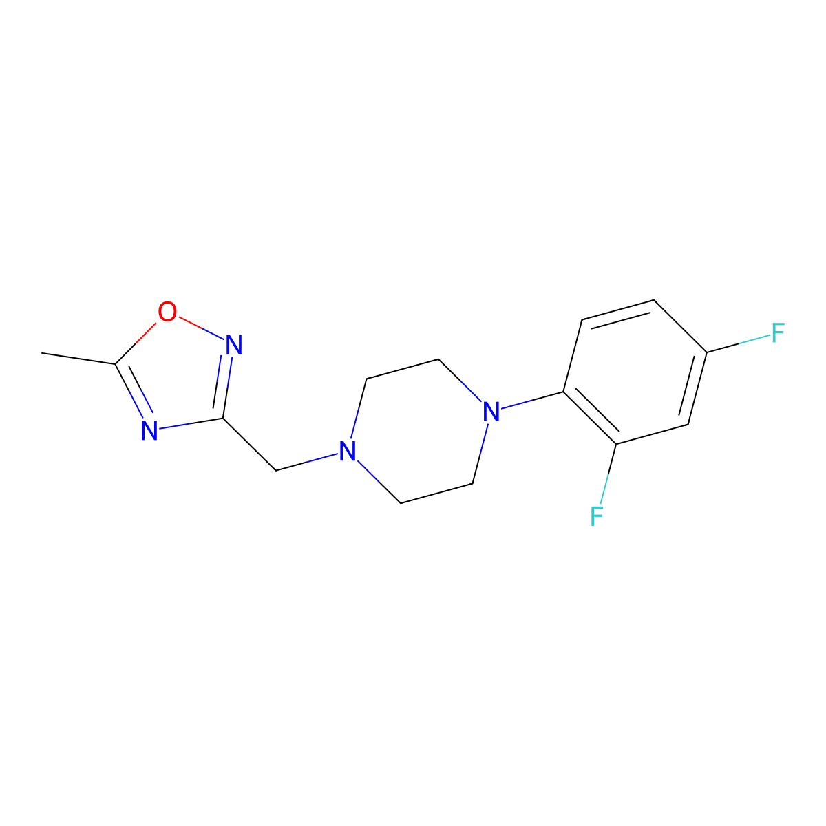 1-(2,4-Difluorophenyl)-4-[(5-methyl-1,2,4-oxadiazol-3-yl)methyl]piperazine molecular structure, CAS 2877656-39-6