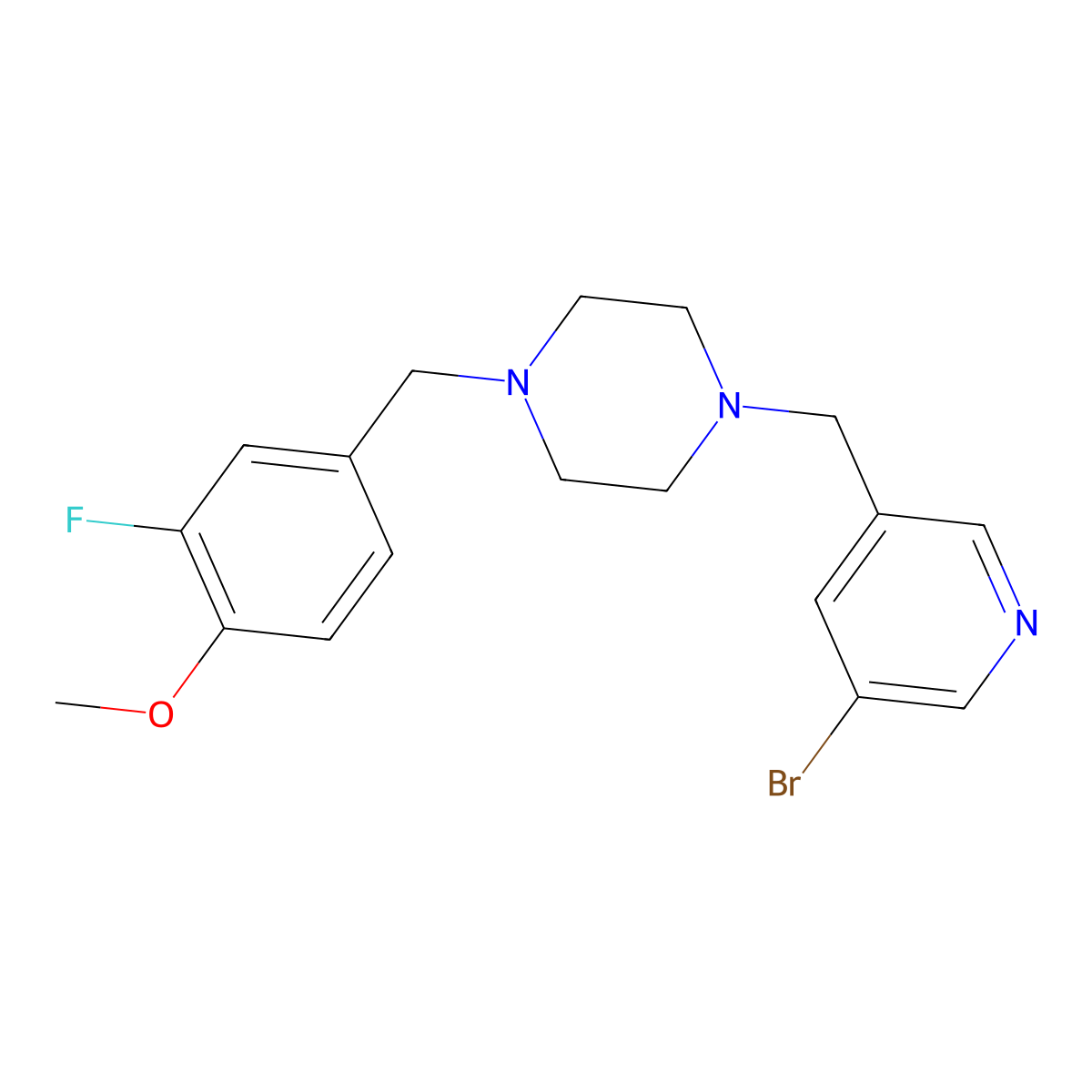 1-[(5-Bromopyridin-3-yl)methyl]-4-[(3-fluoro-4-methoxyphenyl)methyl]piperazine molecular structure, CAS 2877656-42-1