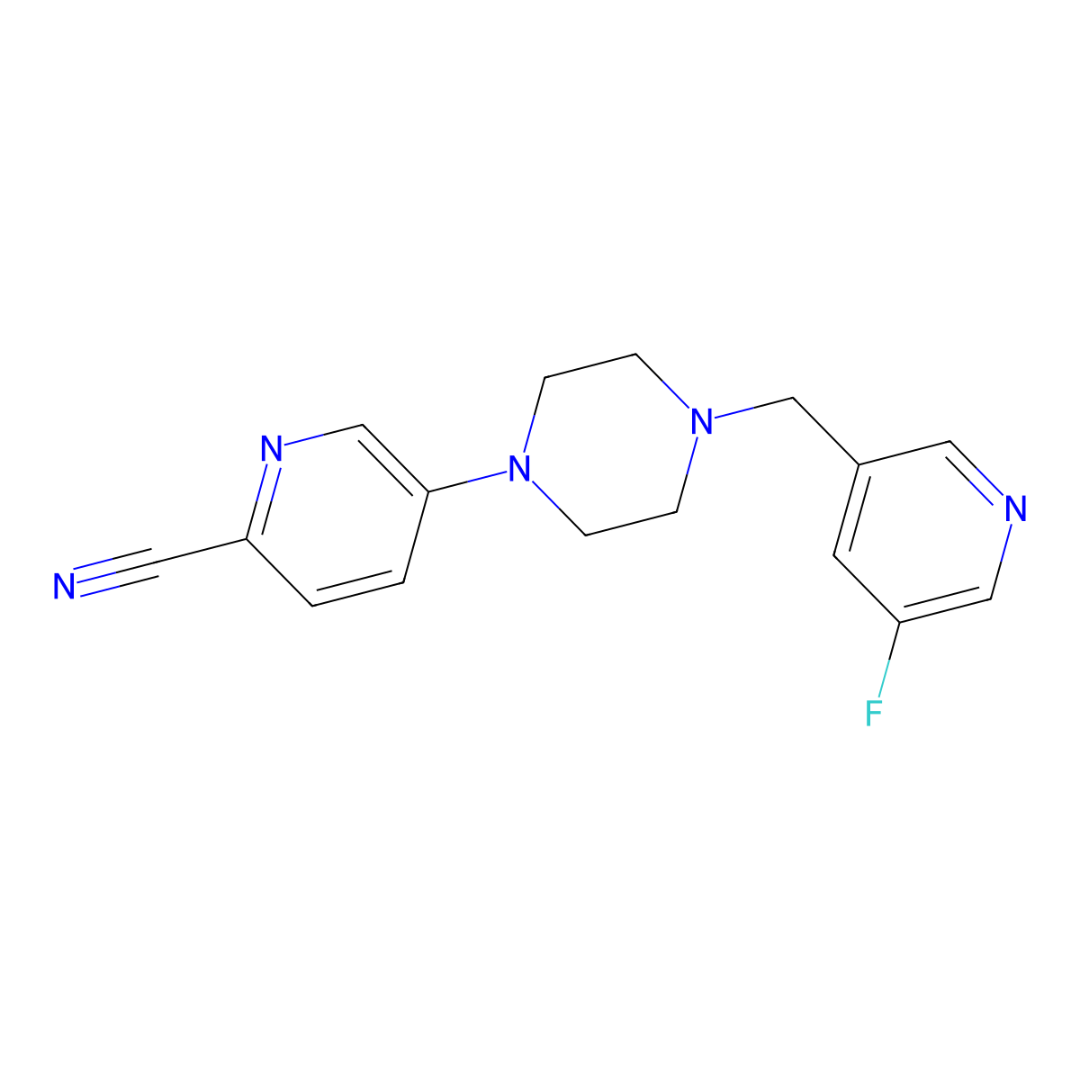 5-{4-[(5-Fluoropyridin-3-yl)methyl]piperazin-1-yl}pyridine-2-carbonitrile molecular structure, CAS 2877656-51-2