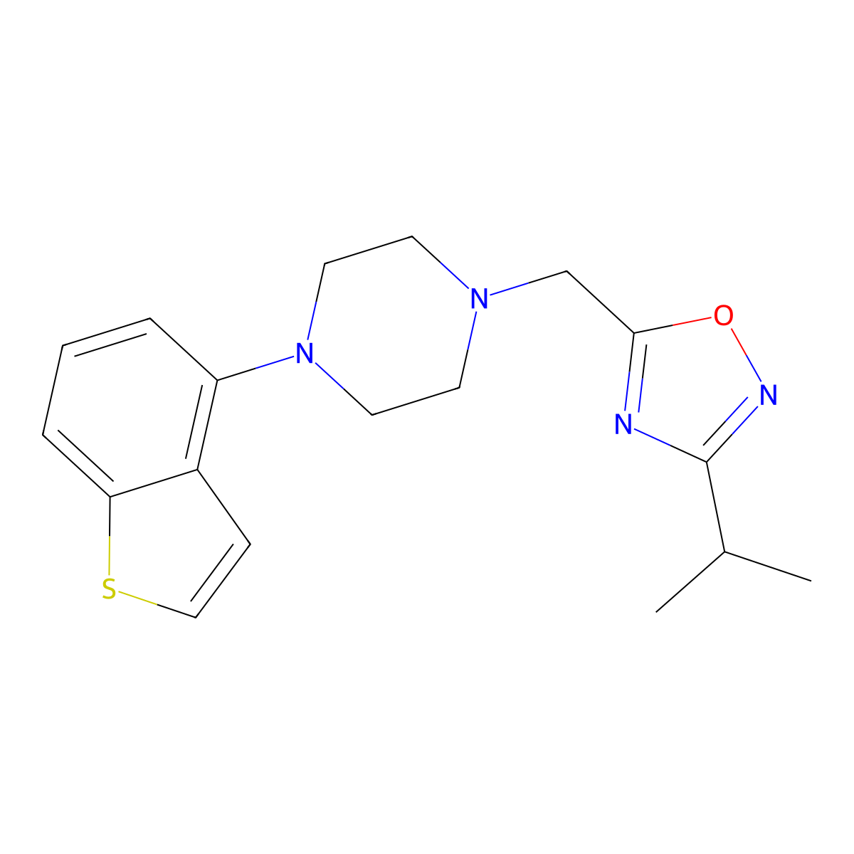 1-(1-Benzothiophen-4-yl)-4-{[3-(propan-2-yl)-1,2,4-oxadiazol-5-yl]methyl}piperazine molecular structure, CAS 2877656-56-7