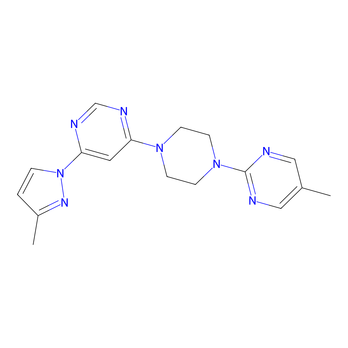 4-(3-methyl-1H-pyrazol-1-yl)-6-[4-(5-methylpyrimidin-2-yl)piperazin-1-yl]pyrimidine molecular structure, CAS 2877656-62-5