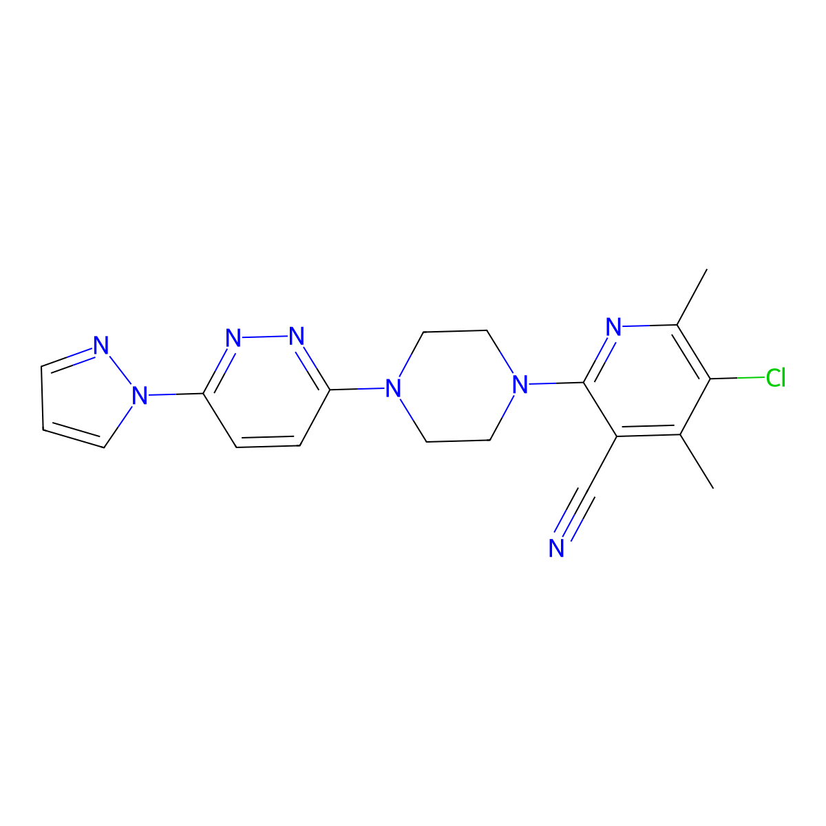 5-chloro-4,6-dimethyl-2-{4-[6-(1H-pyrazol-1-yl)pyridazin-3-yl]piperazin-1-yl}pyridine-3-carbonitrile molecular structure, CAS 2877656-63-6