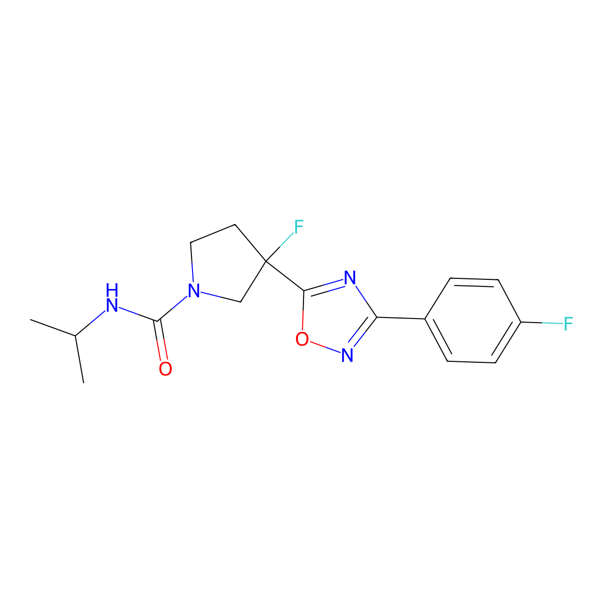 3-fluoro-3-[3-(4-fluorophenyl)-1,2,4-oxadiazol-5-yl]-N-(propan-2-yl)pyrrolidine-1-carboxamide molecular structure, CAS 2877656-65-8