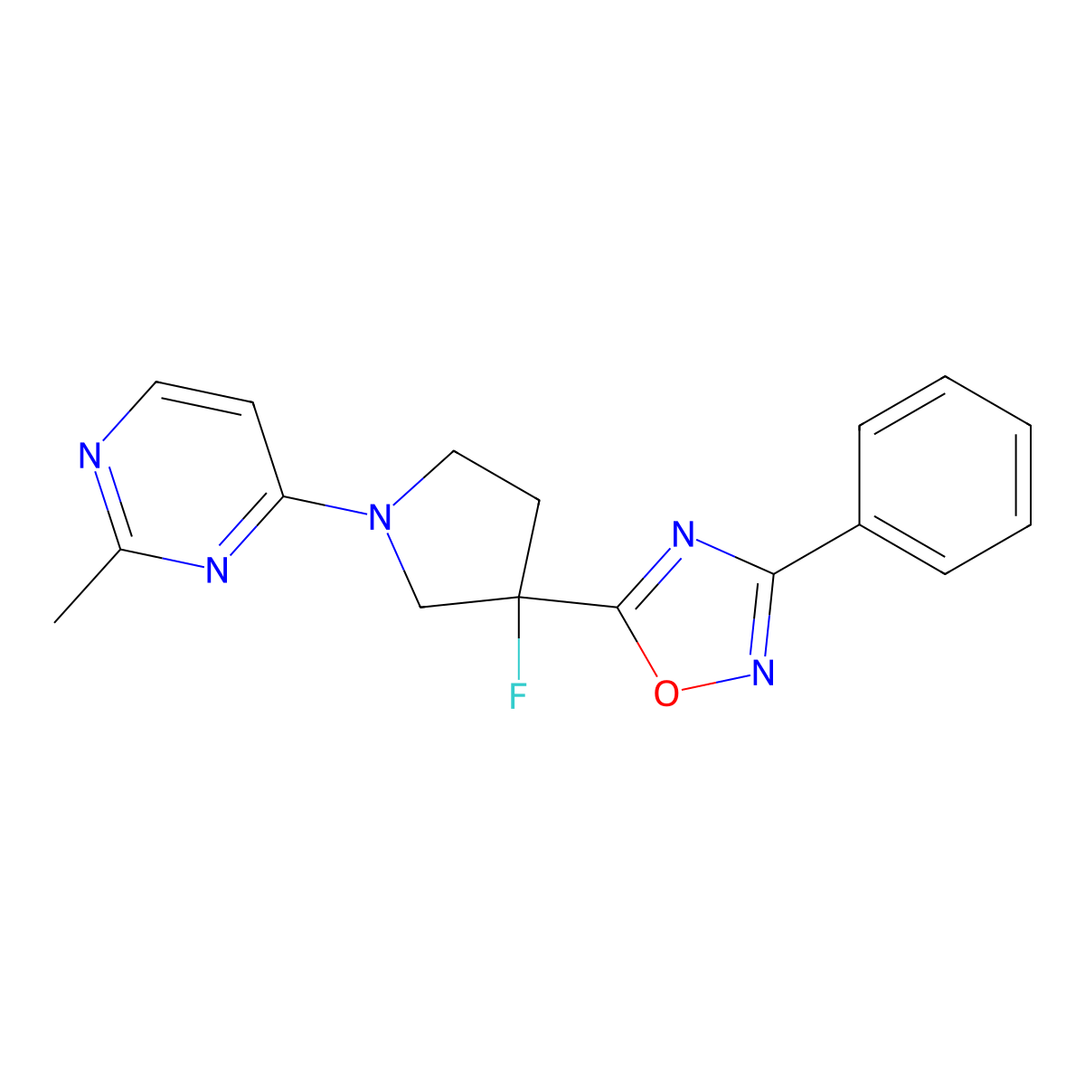 4-[3-Fluoro-3-(3-phenyl-1,2,4-oxadiazol-5-yl)pyrrolidin-1-yl]-2-methylpyrimidine molecular structure, CAS 2877656-69-2