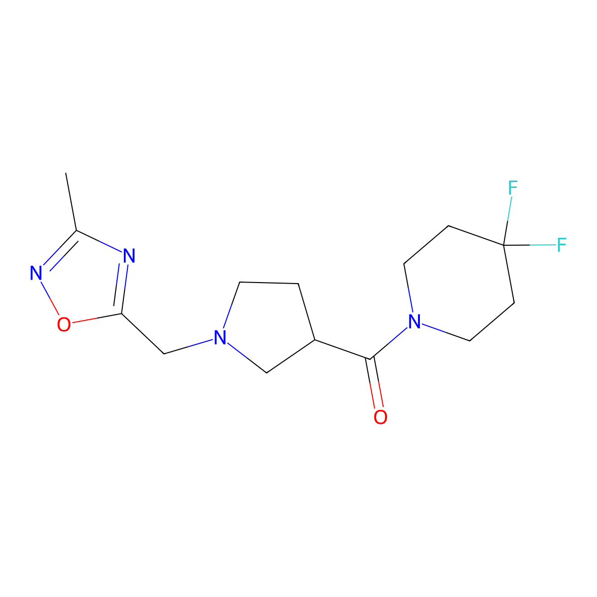 4,4-Difluoro-1-{1-[(3-methyl-1,2,4-oxadiazol-5-yl)methyl]pyrrolidine-3-carbonyl}piperidine molecular structure, CAS 2877656-73-8