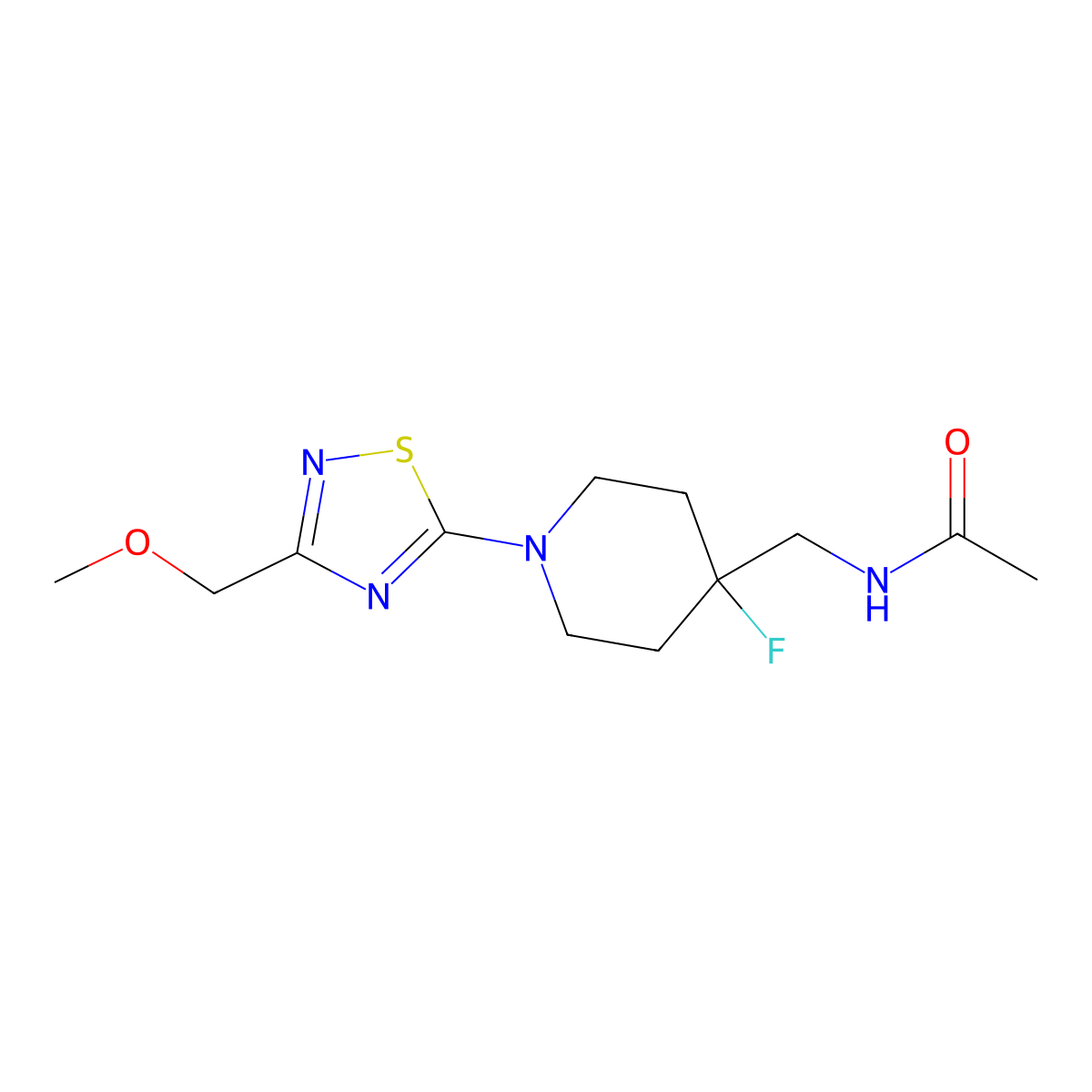 N-({4-fluoro-1-[3-(methoxymethyl)-1,2,4-thiadiazol-5-yl]piperidin-4-yl}methyl)acetamide molecular structure, CAS 2877656-83-0
