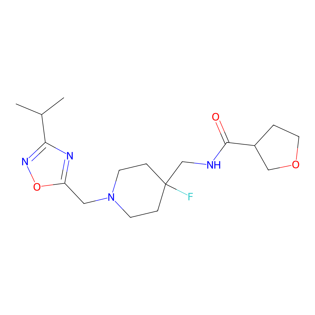 N-[(4-fluoro-1-{[3-(propan-2-yl)-1,2,4-oxadiazol-5-yl]methyl}piperidin-4-yl)methyl]oxolane-3-carboxamide molecular structure, CAS 2877656-86-3