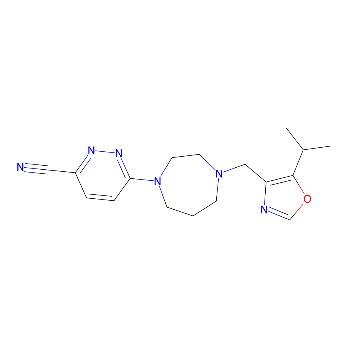 6-(4-{[5-(Propan-2-yl)-1,3-oxazol-4-yl]methyl}-1,4-diazepan-1-yl)pyridazine-3-carbonitrile molecular structure, CAS 2877656-89-6