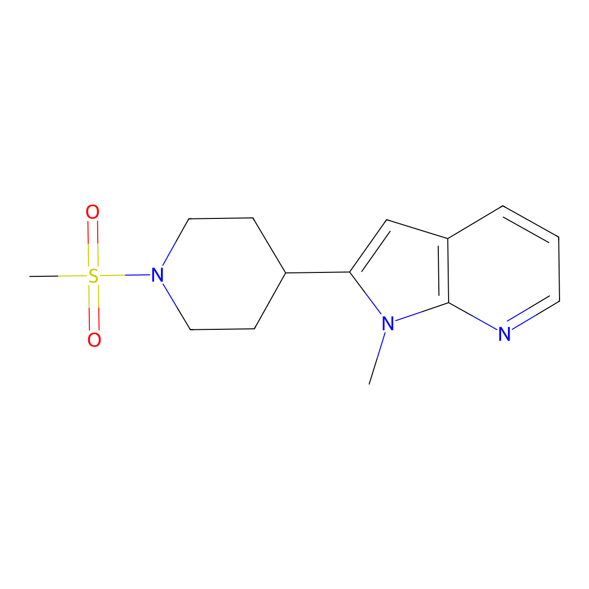 1-methanesulfonyl-4-{1-methyl-1H-pyrrolo[2,3-b]pyridin-2-yl}piperidine molecular structure, CAS 2877657-06-0