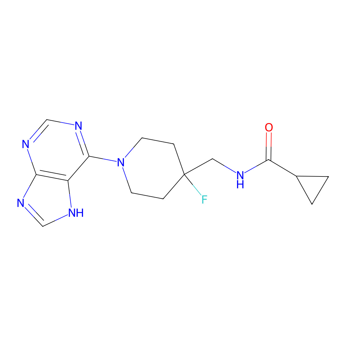 N-{[4-fluoro-1-(9H-purin-6-yl)piperidin-4-yl]methyl}cyclopropanecarboxamide molecular structure, CAS 2877657-07-1