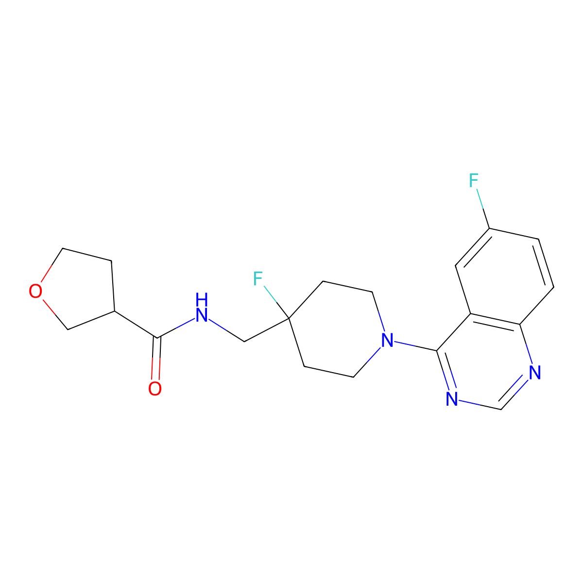 N-{[4-fluoro-1-(6-fluoroquinazolin-4-yl)piperidin-4-yl]methyl}oxolane-3-carboxamide molecular structure, CAS 2877657-08-2