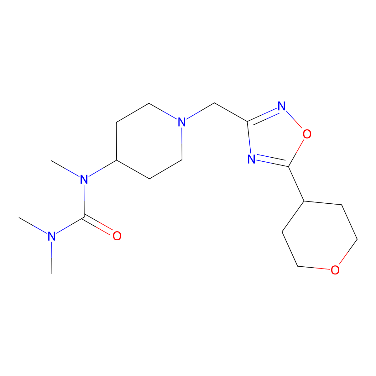 1,3,3-Trimethyl-1-(1-{[5-(oxan-4-yl)-1,2,4-oxadiazol-3-yl]methyl}piperidin-4-yl)urea molecular structure, CAS 2877657-12-8