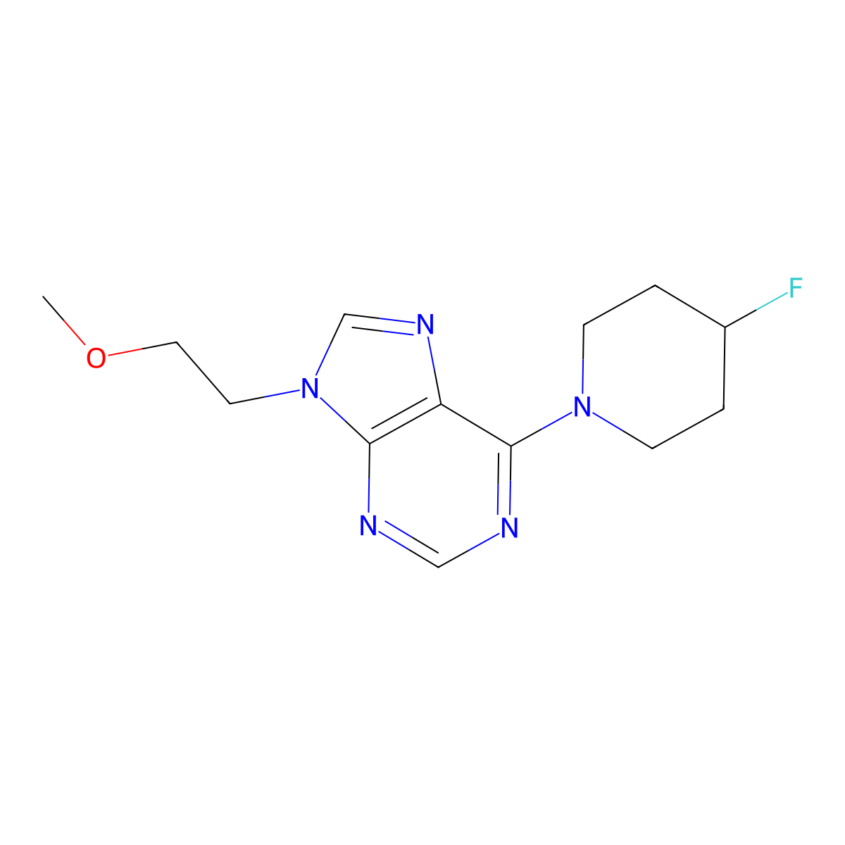 6-(4-fluoropiperidin-1-yl)-9-(2-methoxyethyl)-9H-purine molecular structure, CAS 2877657-13-9