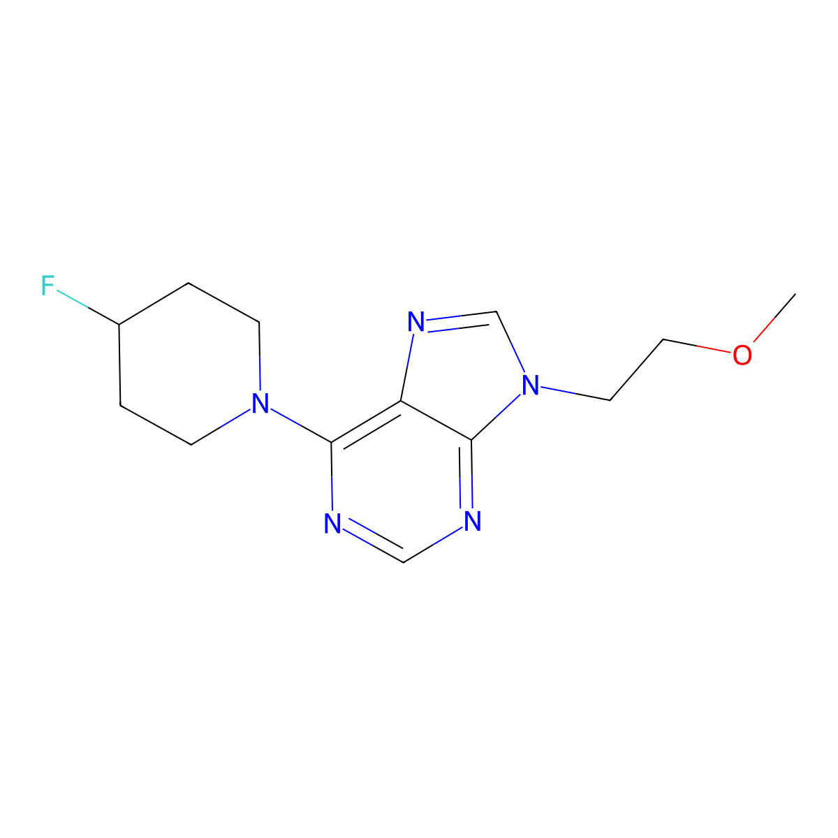 6-(4-fluoropiperidin-1-yl)-9-(2-methoxyethyl)-9H-purine molecular structure, CAS 2877657-13-9