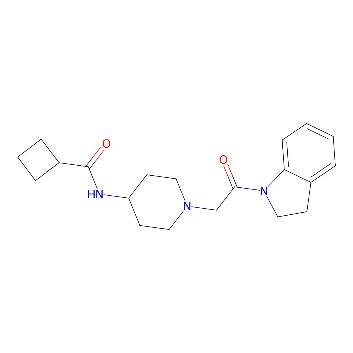 N-{1-[2-(2,3-dihydro-1H-indol-1-yl)-2-oxoethyl]piperidin-4-yl}cyclobutanecarboxamide molecular structure, CAS 2877657-17-3