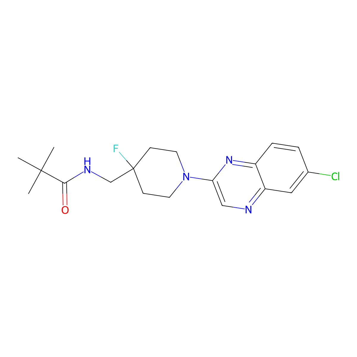 N-{[1-(6-chloroquinoxalin-2-yl)-4-fluoropiperidin-4-yl]methyl}-2,2-dimethylpropanamide molecular structure, CAS 2877657-18-4