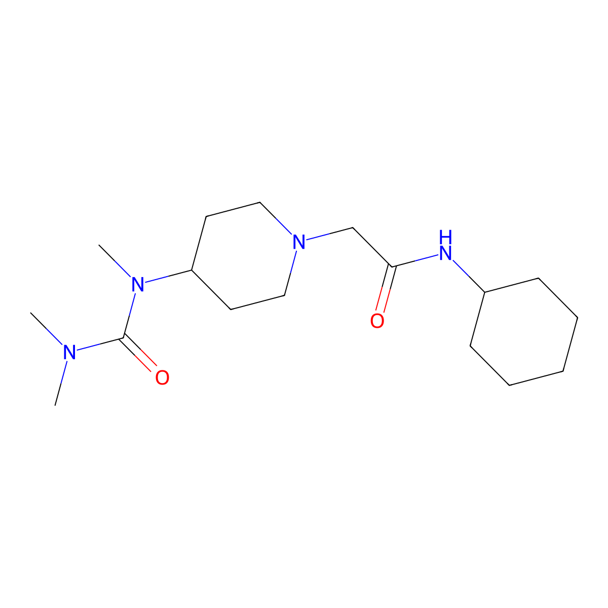 N-cyclohexyl-2-{4-[(dimethylcarbamoyl)(methyl)amino]piperidin-1-yl}acetamide molecular structure, CAS 2877657-30-0