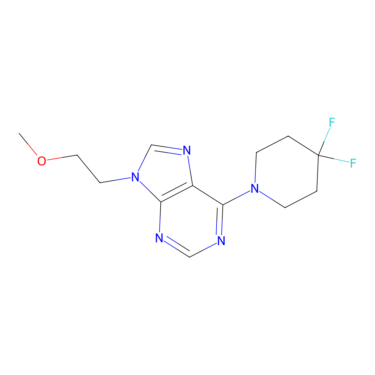 6-(4,4-difluoropiperidin-1-yl)-9-(2-methoxyethyl)-9H-purine molecular structure, CAS 2877657-33-3
