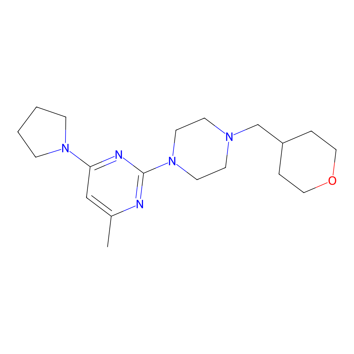 4-Methyl-2-{4-[(oxan-4-yl)methyl]piperazin-1-yl}-6-(pyrrolidin-1-yl)pyrimidine molecular structure, CAS 2877657-34-4