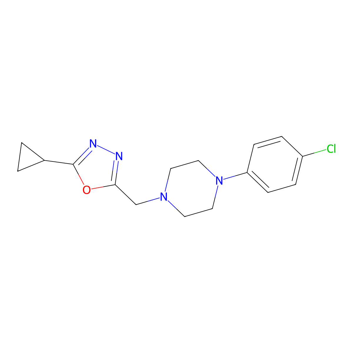 1-(4-Chlorophenyl)-4-[(5-cyclopropyl-1,3,4-oxadiazol-2-yl)methyl]piperazine molecular structure, CAS 2877657-41-3