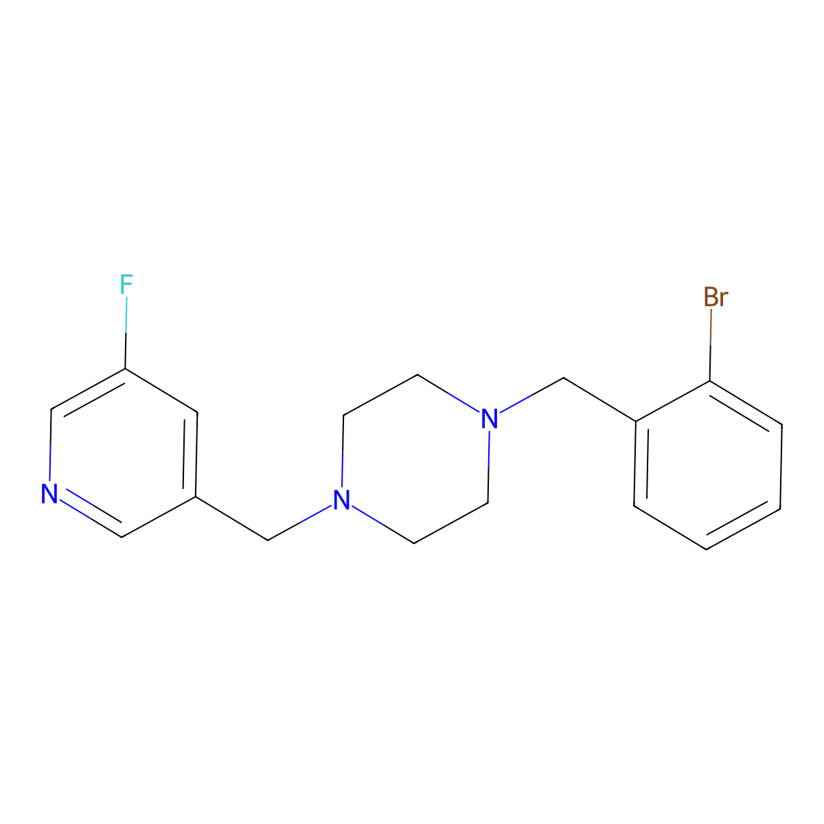 1-[(2-Bromophenyl)methyl]-4-[(5-fluoropyridin-3-yl)methyl]piperazine molecular structure, CAS 2877657-43-5