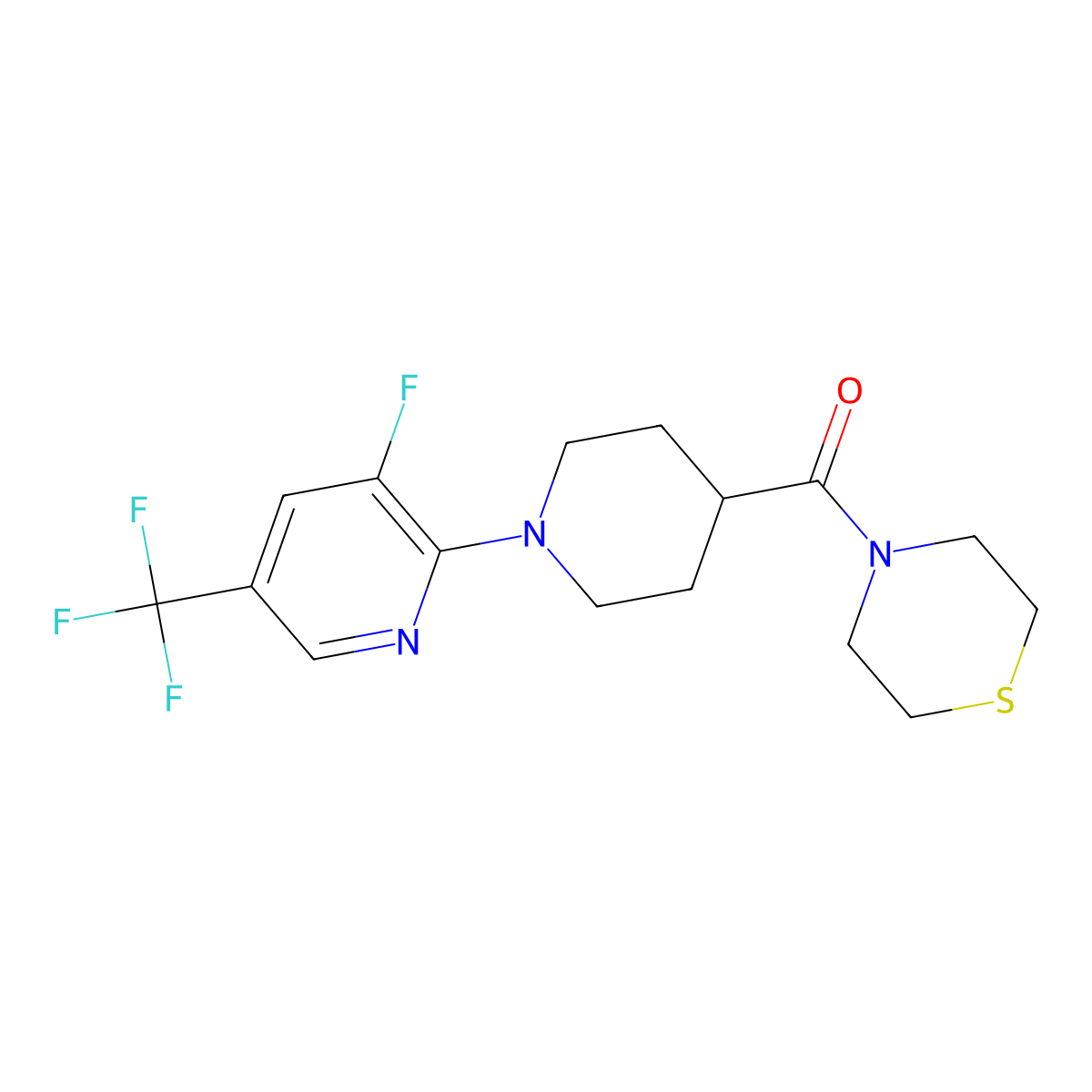 4-{1-[3-Fluoro-5-(trifluoromethyl)pyridin-2-yl]piperidine-4-carbonyl}thiomorpholine molecular structure, CAS 2877657-44-6