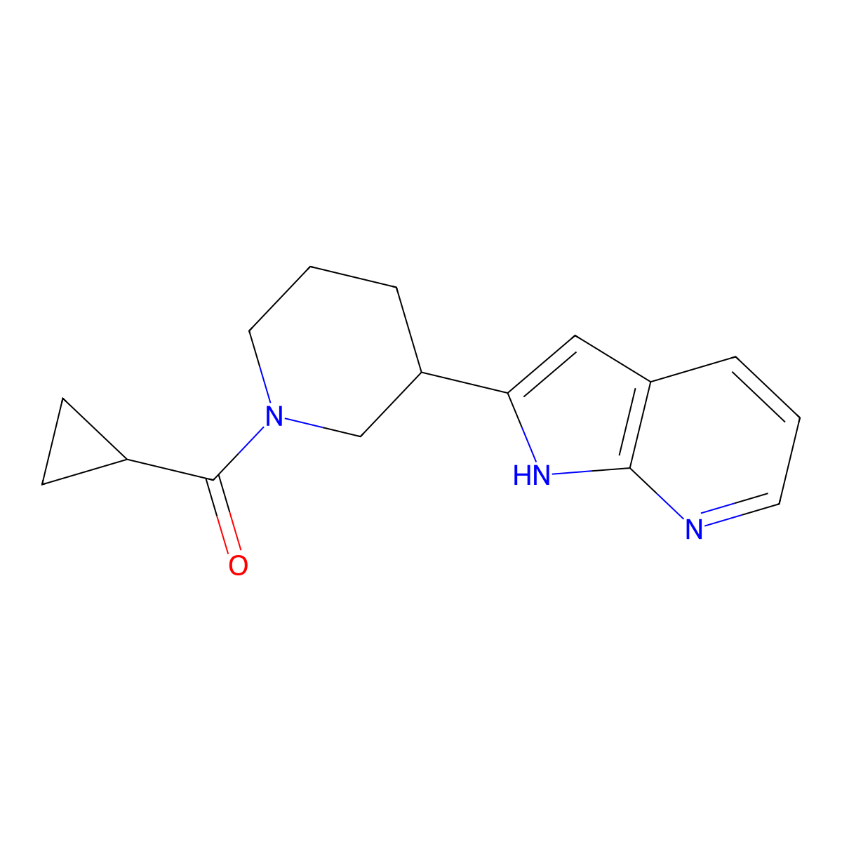 1-cyclopropanecarbonyl-3-{1H-pyrrolo[2,3-b]pyridin-2-yl}piperidine molecular structure, CAS 2877657-45-7