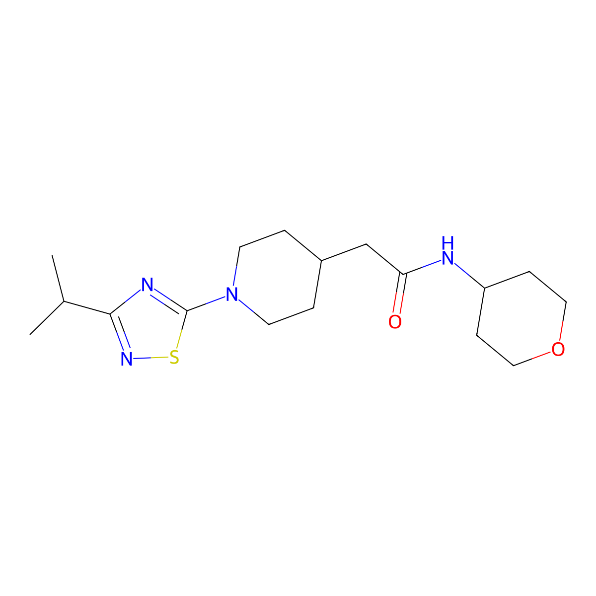 N-(oxan-4-yl)-2-{1-[3-(propan-2-yl)-1,2,4-thiadiazol-5-yl]piperidin-4-yl}acetamide molecular structure, CAS 2877657-54-8
