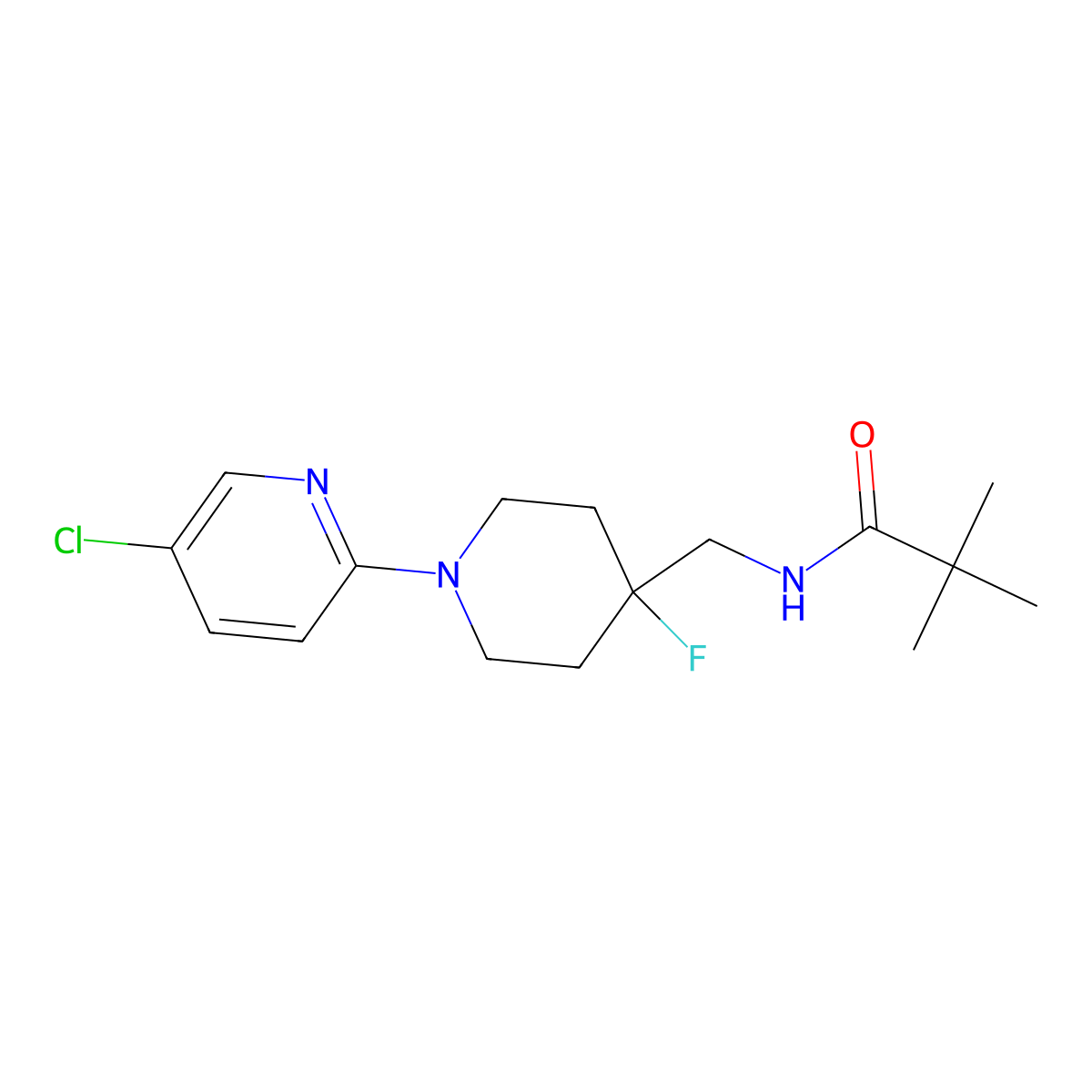 N-{[1-(5-chloropyridin-2-yl)-4-fluoropiperidin-4-yl]methyl}-2,2-dimethylpropanamide molecular structure, CAS 2877657-55-9