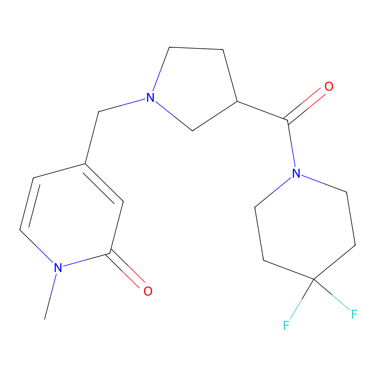 4-{[3-(4,4-Difluoropiperidine-1-carbonyl)pyrrolidin-1-yl]methyl}-1-methyl-1,2-dihydropyridin-2-one molecular structure, CAS 2877657-58-2