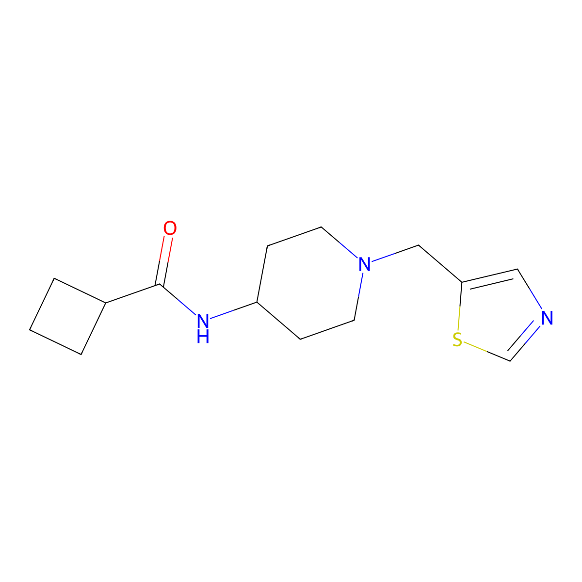 N-{1-[(1,3-thiazol-5-yl)methyl]piperidin-4-yl}cyclobutanecarboxamide molecular structure, CAS 2877657-59-3