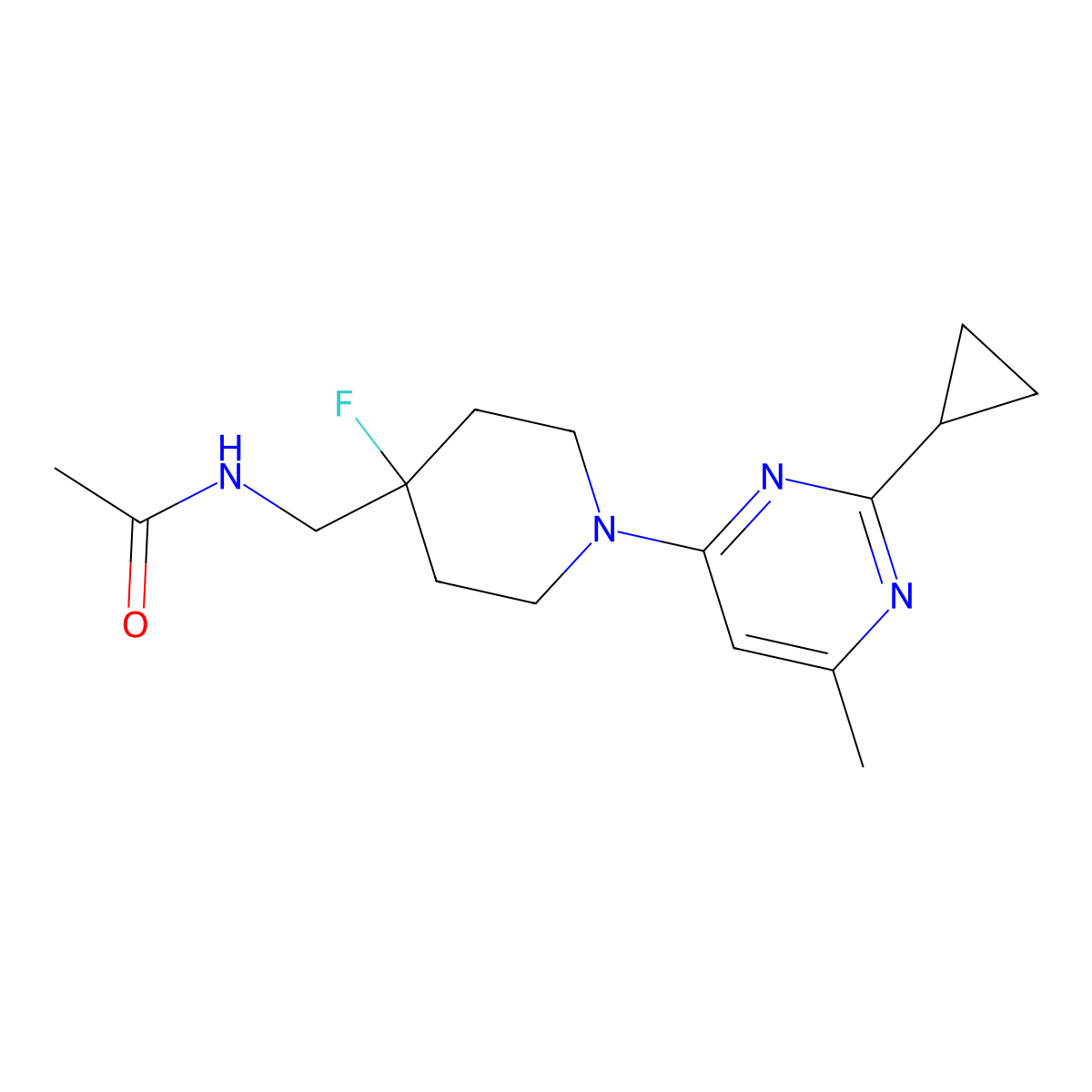 N-{[1-(2-cyclopropyl-6-methylpyrimidin-4-yl)-4-fluoropiperidin-4-yl]methyl}acetamide molecular structure, CAS 2877657-60-6