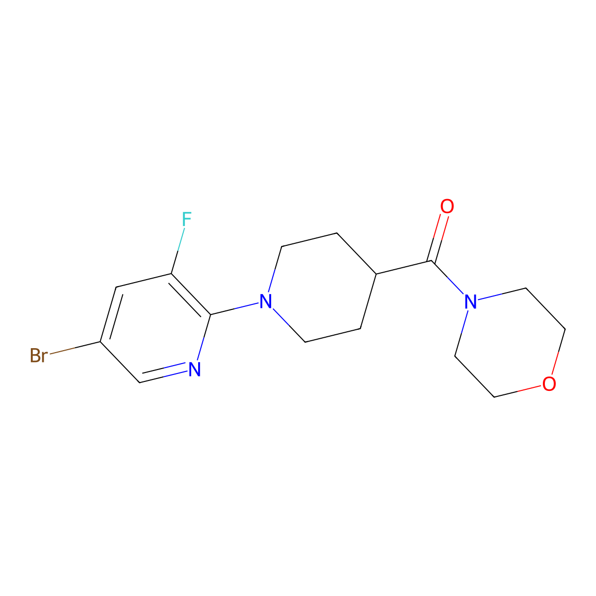 4-[1-(5-Bromo-3-fluoropyridin-2-yl)piperidine-4-carbonyl]morpholine molecular structure, CAS 2877657-61-7