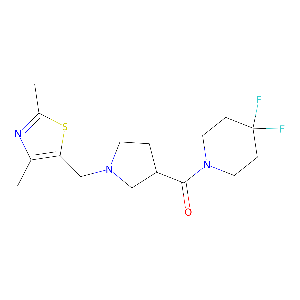 1-{1-[(2,4-Dimethyl-1,3-thiazol-5-yl)methyl]pyrrolidine-3-carbonyl}-4,4-difluoropiperidine molecular structure, CAS 2877657-90-2