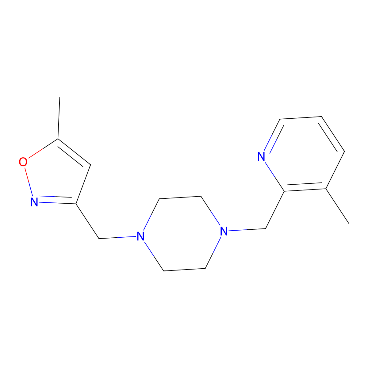 1-[(5-Methyl-1,2-oxazol-3-yl)methyl]-4-[(3-methylpyridin-2-yl)methyl]piperazine molecular structure, CAS 2877657-93-5