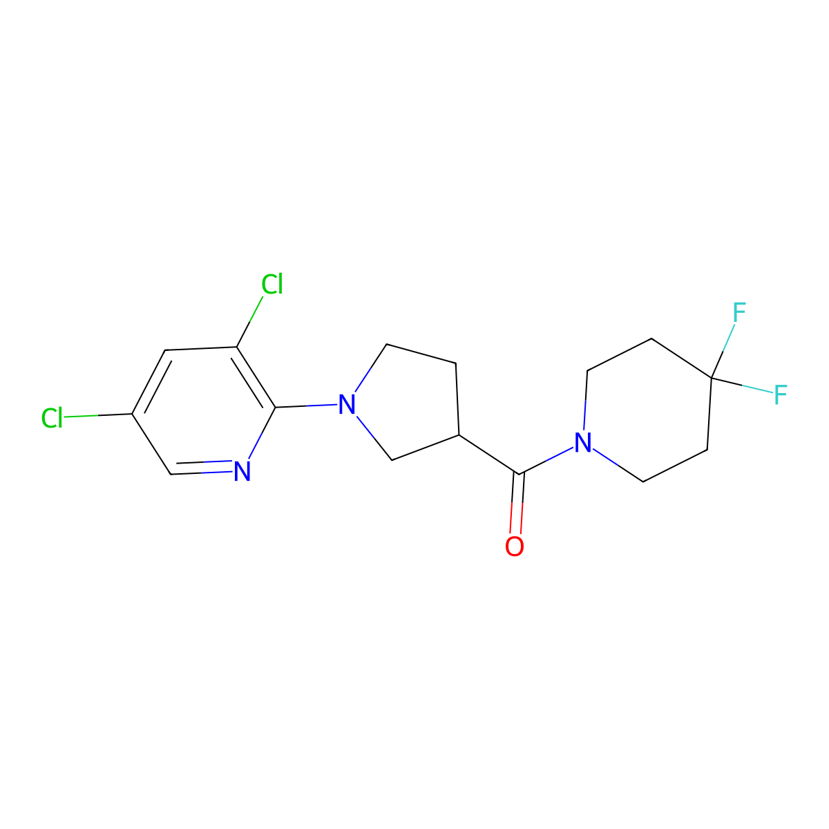 3,5-Dichloro-2-[3-(4,4-difluoropiperidine-1-carbonyl)pyrrolidin-1-yl]pyridine molecular structure, CAS 2877658-06-3
