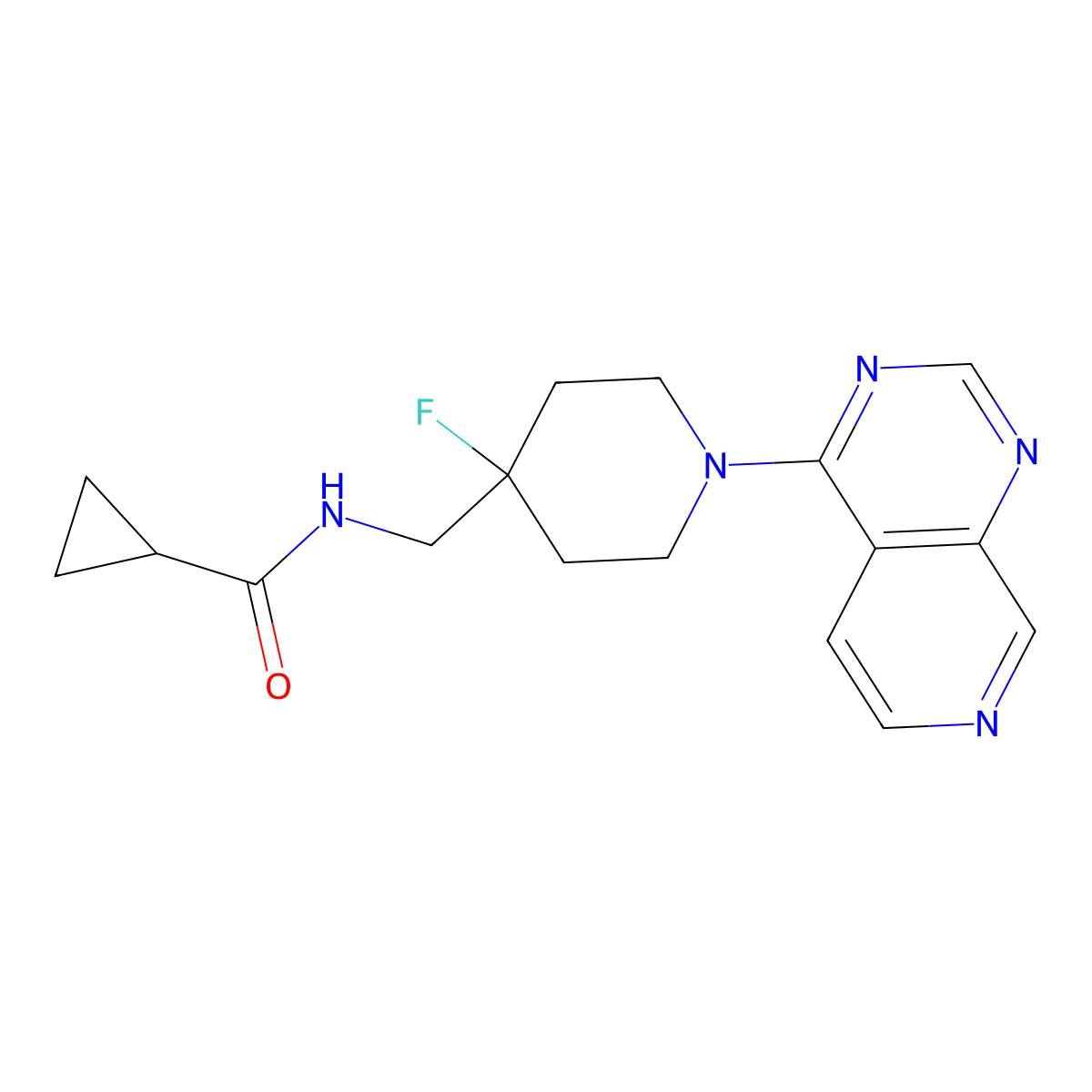 N-[(4-fluoro-1-{pyrido[3,4-d]pyrimidin-4-yl}piperidin-4-yl)methyl]cyclopropanecarboxamide molecular structure, CAS 2877658-09-6