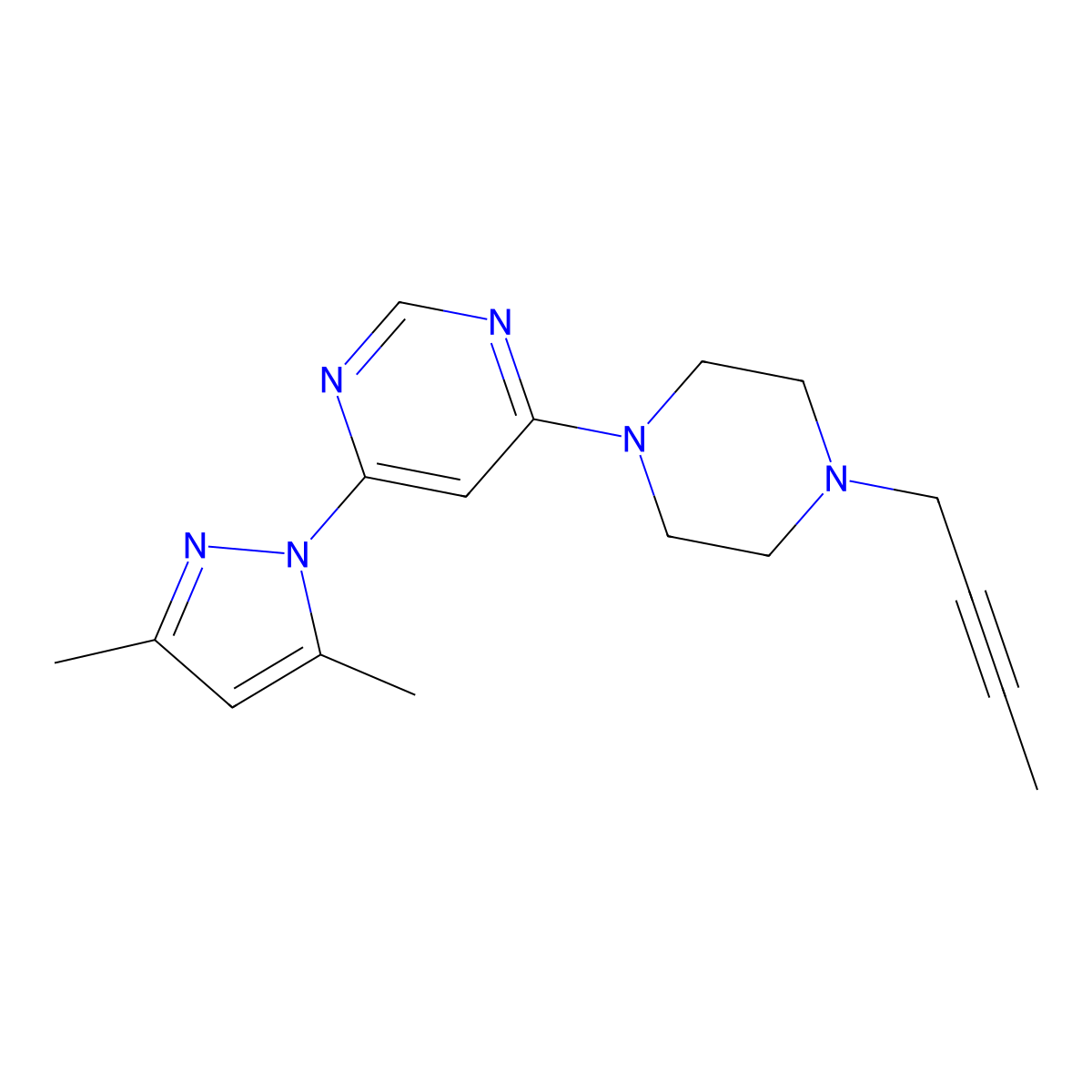 4-[4-(but-2-yn-1-yl)piperazin-1-yl]-6-(3,5-dimethyl-1H-pyrazol-1-yl)pyrimidine molecular structure, CAS 2877658-22-3
