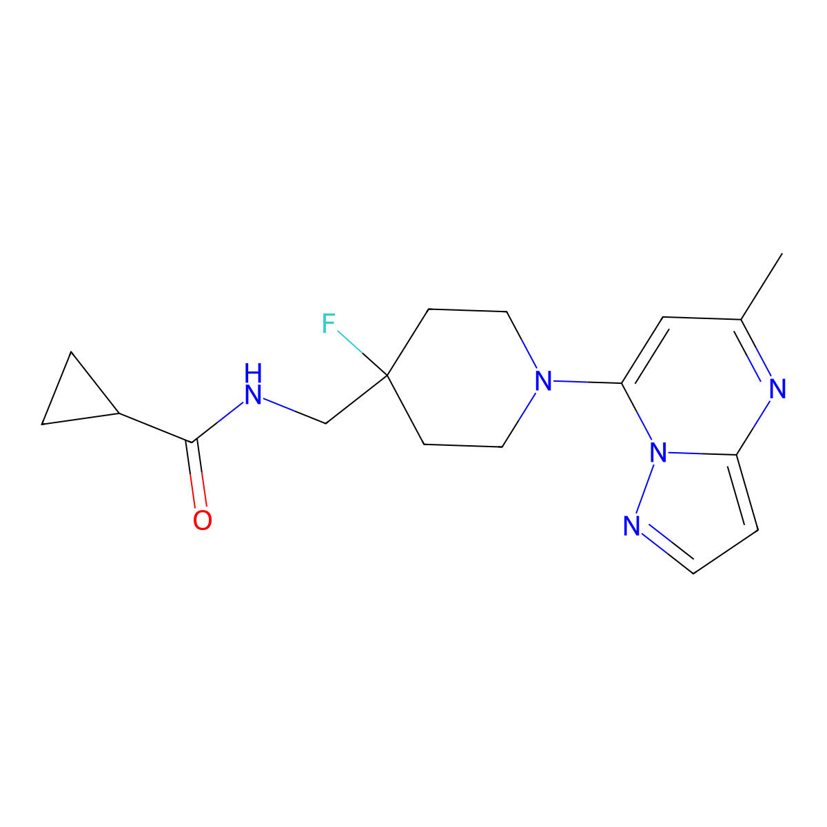 N-[(4-fluoro-1-{5-methylpyrazolo[1,5-a]pyrimidin-7-yl}piperidin-4-yl)methyl]cyclopropanecarboxamide molecular structure, CAS 2877658-23-4