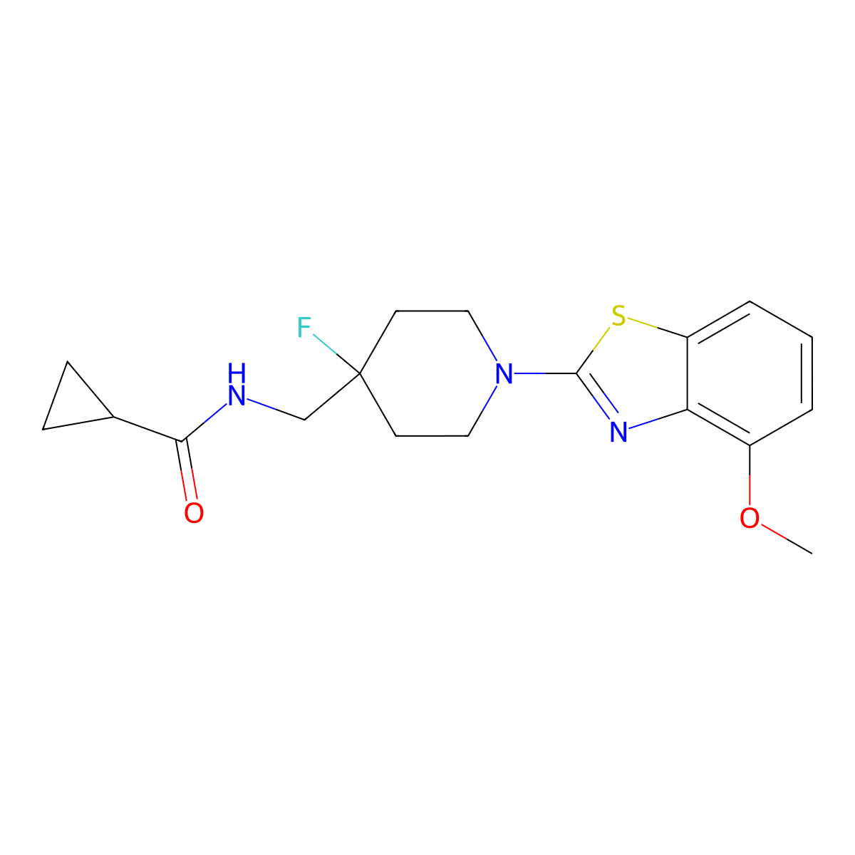 N-{[4-fluoro-1-(4-methoxy-1,3-benzothiazol-2-yl)piperidin-4-yl]methyl}cyclopropanecarboxamide molecular structure, CAS 2877658-25-6